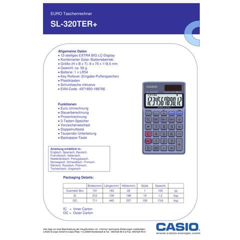 Taschenrechner 12stellig SL320TER CASIO SL-320TER+ Euro+Tax Berech