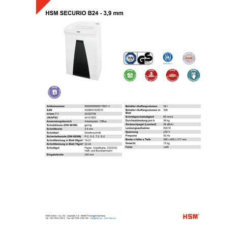 Aktenvernichter Securio B24 HSM 1780111 3,9mmEMCS S2