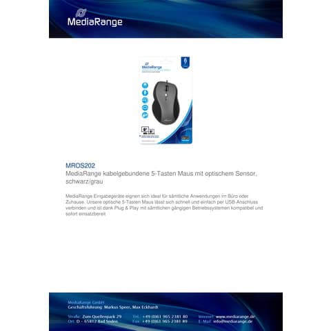 Maus optisch schwarz-ergonom.geformt MEDIA RANGE MROS202 OfficeHome