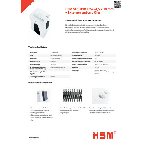 Aktenvernichter SecurioB24 ws HSM 1783111O 4,5x30mm