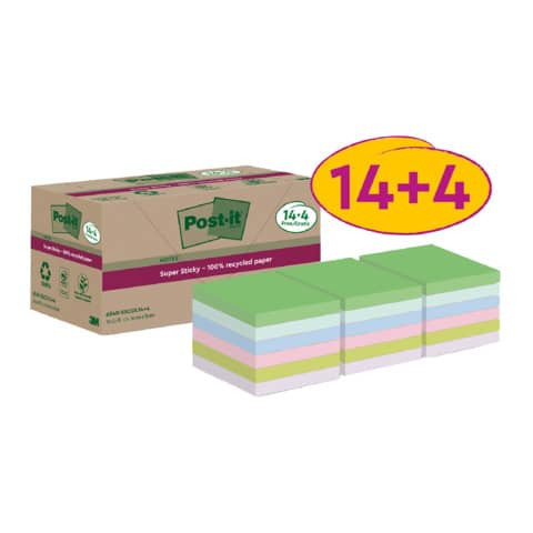 Haftnotizblock Recycled 18x70BL farbig POST-IT 654 RSSCOL14+4F 76x76mm