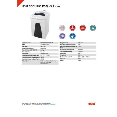 Aktenvernichter Securio P36i weiß HSM 1850121 3,9mm