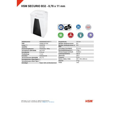 Aktenvernichter B32 0,78x11mm HSM 1825111 Crosscut