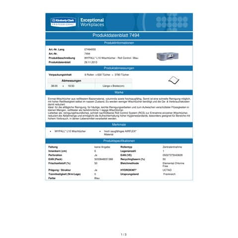 Wischtuch L10 RCS blau WYPALL 7494 Großrolle