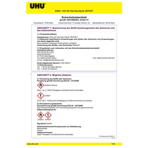 Alleskleber mit Lösungsmittel 20g UHU 46405 Blister Flex+Clean