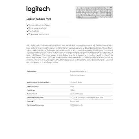 Tastatur Keyboard K120 USB weiß LOGITECH 920-003626