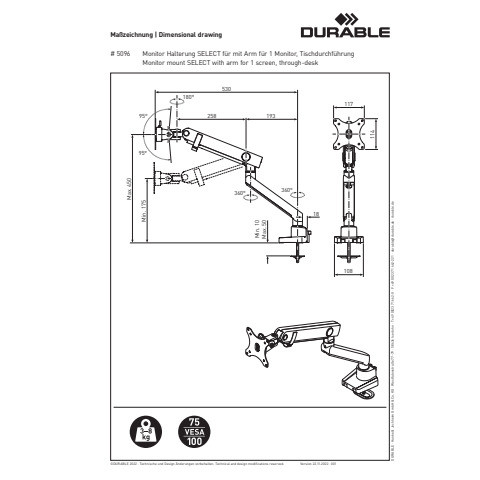 Bildschirmträger SELECT PLUS 1 Monit 32Z DURABLE 5096 23 Tischklemme Alu