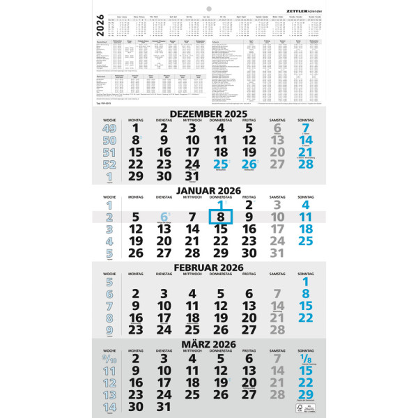 4-Monats-Wandkalender 2026, 33 x 59 cm, 4M/1S, blau ZETTLER 660169