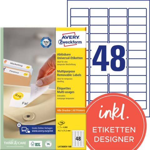 Universaletiketten 45,7x21,2 w AVERY ZWECKFORM L4736REV-100
