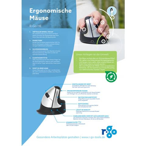 R-Go HE Mouse, Ergonomische Maus R-GO TOOLS RGOHELE f. Linkshänder