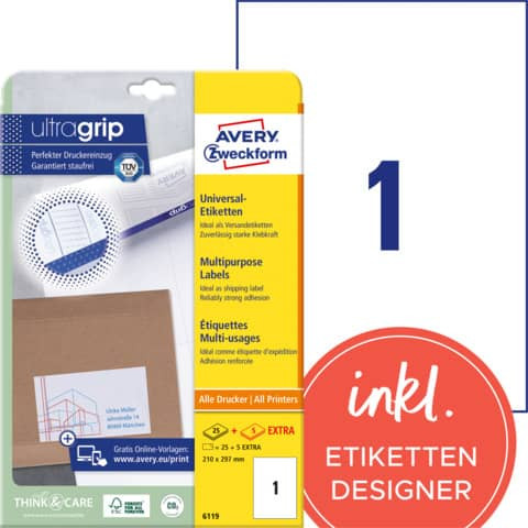 Etiketten 210x297mm weiß ZWECKFORM 6119 25 Stück