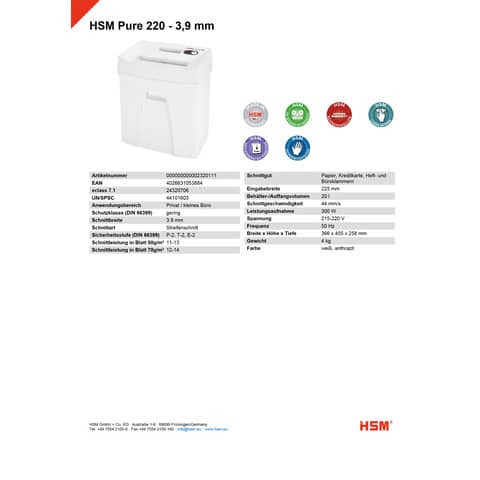 Aktenvernichter Pure 220 weiß HSM 2320111 Streif. 3,9mm