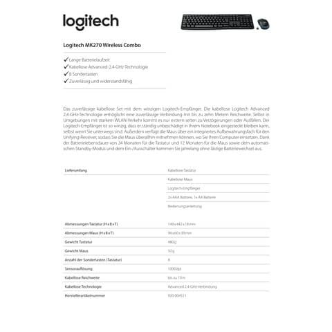 Tastatur + Maus MK270 Wireless Optisch LOGITECH 920-004511