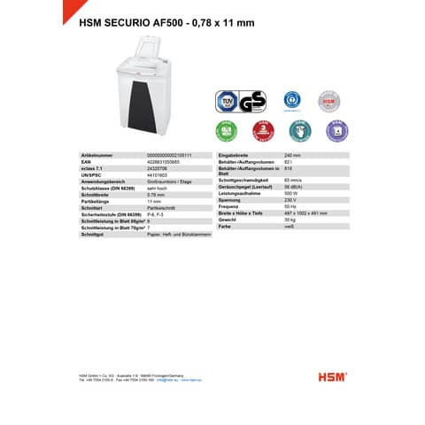 Aktenvernichter Part.AF500 weiß HSM 2105111 0,78x11mm