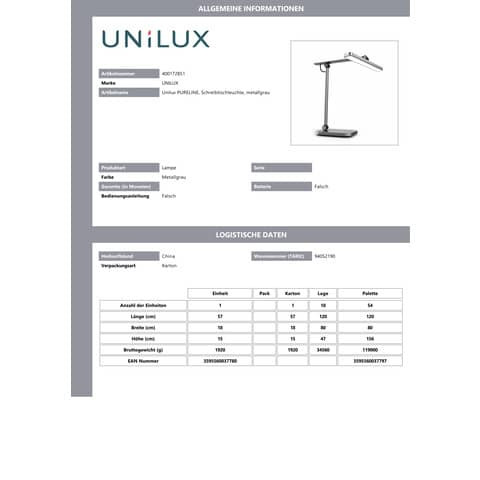 Tischleuchte LED metallgrau UNILUX 400172851 Pureline