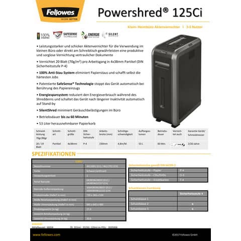 Aktenvernichter 125Ci anthrazi FELLOWES 4612001 Partikels.
