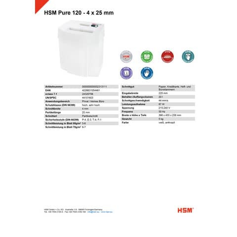 Aktenvernichter Pure 120 weiß HSM 2313111 Par. t4x25mm
