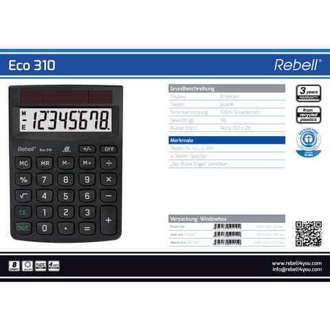Öko-Tischrechner Eco310 schw. REBELL ECO 310BX 8stellig 102x143x29mm