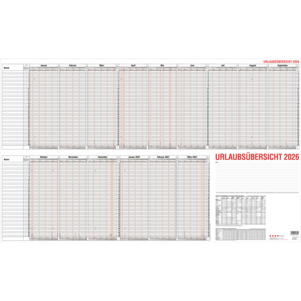 Urlaubsplaner 98,5x60cm GÜSS 12-30V 40 Mitarbeiter