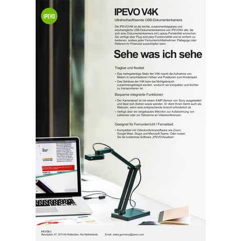 Ipevo DOK V4K Dokumentenkamera USB Ipevo 390411 Ultra HD 8MP Mikro