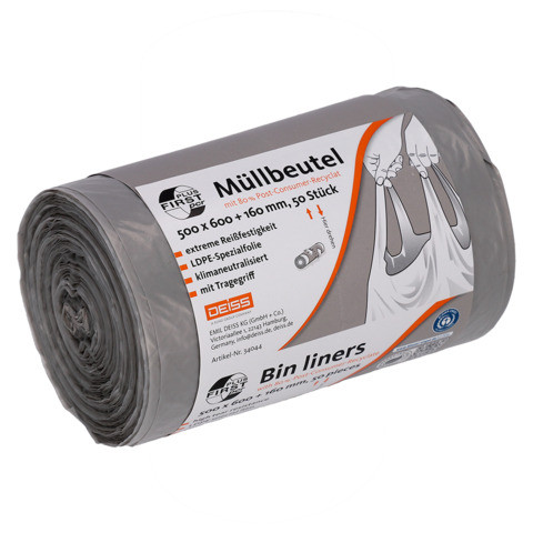 Müllbeutel PCR First Plus 30l 50ST grau DEISS 34044 m.Tragegriff LDPE 80% PCR