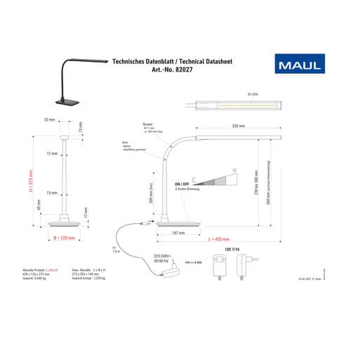 Tischleuchte pirro LED weiß MAUL 82027 02 LED dimmbar Standfuß