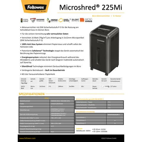 Aktenvernichter 225Mi 2x12mm FELLOWES 4620101 Partikel.