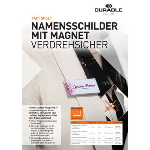 Namensschild Magnet 10ST transparent DURABLE 8259 19 40x75mm Click Fold