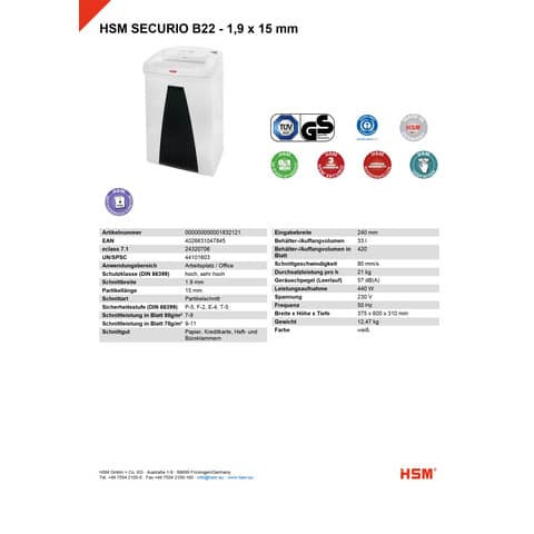 Aktenvernichter SecurioB22 gr HSM 1832121 1,9x15