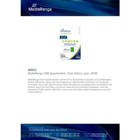 USB Stick 32GB grün MEDIARANGE MR973 2.0