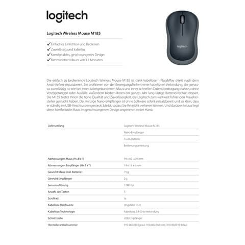 Maus M185 Wireless Optisch grau LOGITECH 910-002238