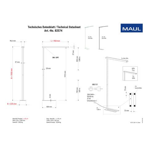 Stehleuchte LED jet silber MAUL 82574 95 195cm