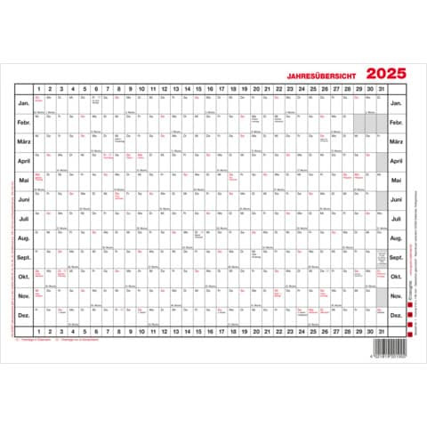 Wandkalender A3 quer Versand. 1J 1S GÜSS 3V Jahresübersicht 42x30cm