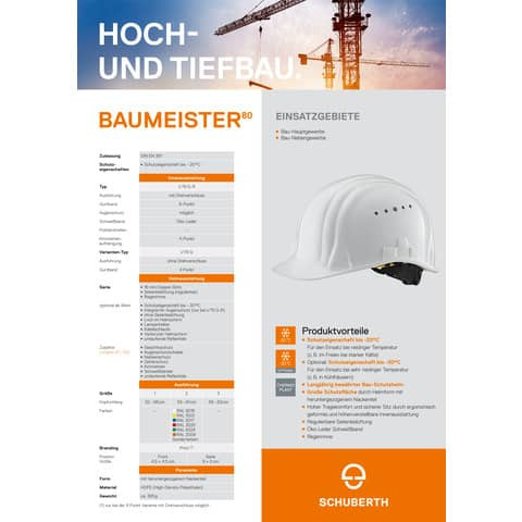Schutzhelm Baumeister 80 weiß SCHUBERTH 600165437-001 Gr.2(53-61cm)