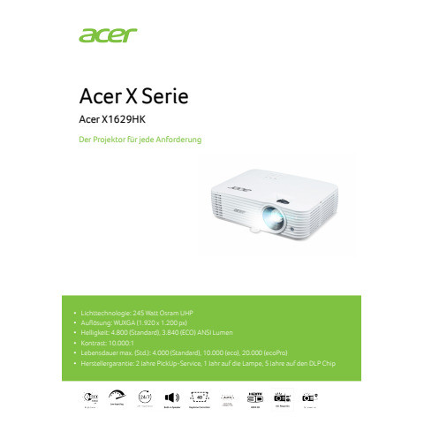 ACER Projektor X1629HK weiß ACER 357096 1920x1200/4500 ANSI/2xHDMI