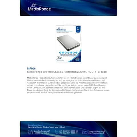 Festplatte extern 1TB silber MEDIARANGE MR996