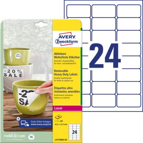 Folienetiketten 63,5x33,9m wei AVERY ZWECKFORM L4773REV-20 we