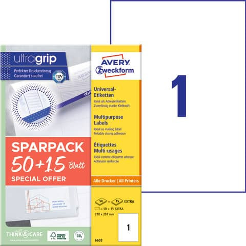 Universaletiketten 210 x 297 weiß AVERY ZWECKFORM 6603 A4 mit ultragrip