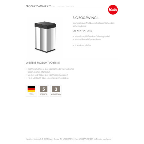 Abfallsammler Big-Box Swing L silber HAILO 8401110 35 Liter